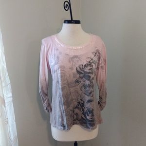 Style & Co Pink to Taupe Sequin Neck Floral Top